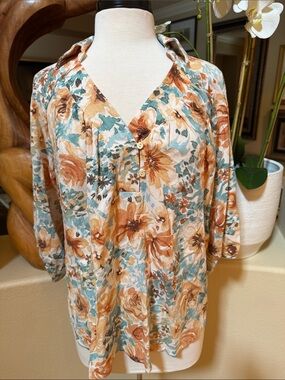 NWOT Boho Floral V-Neck Button Blouse in Cream Teal Brick Oversized.